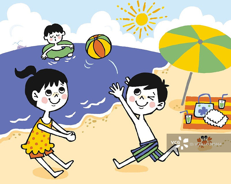 在海滩上玩耍的孩子，绘画，插图，说明性技术，侧视图图片素材