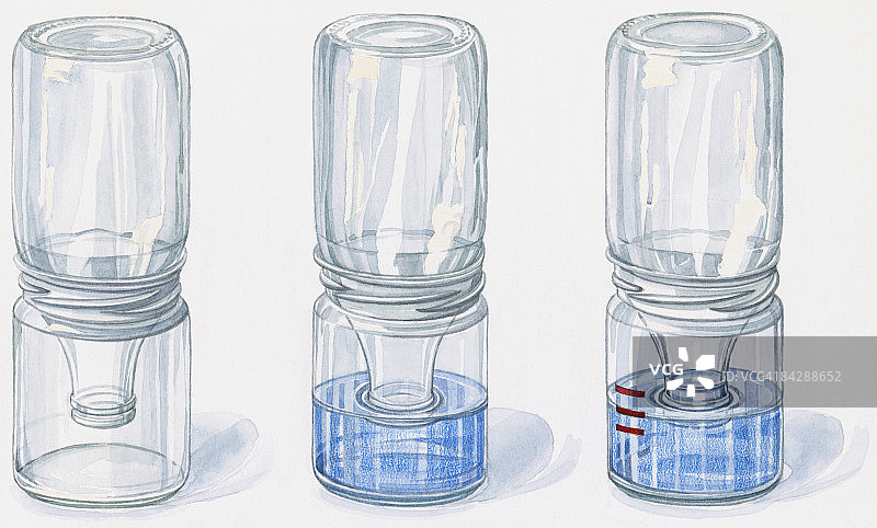 三瓶牛奶倒置在玻璃罐中，用作气压计预测压力图片素材
