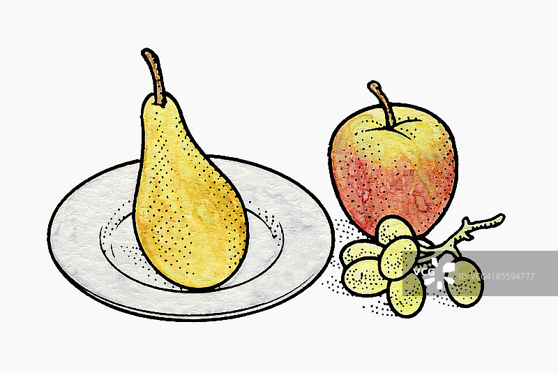 盘子上的插图是黄色的梨，旁边是红色的苹果和一小串绿色的葡萄图片素材
