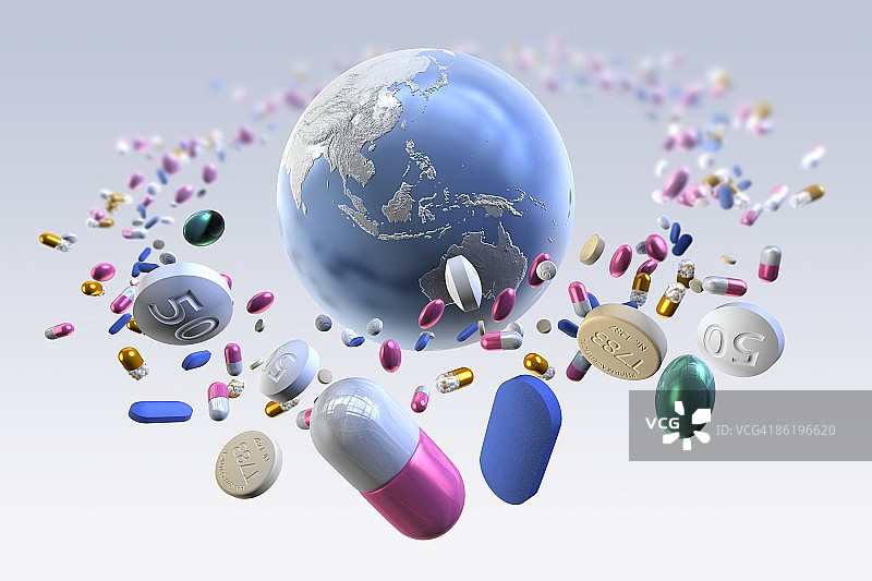 药丸和药物环绕着亚洲和澳大利亚的地球图片素材