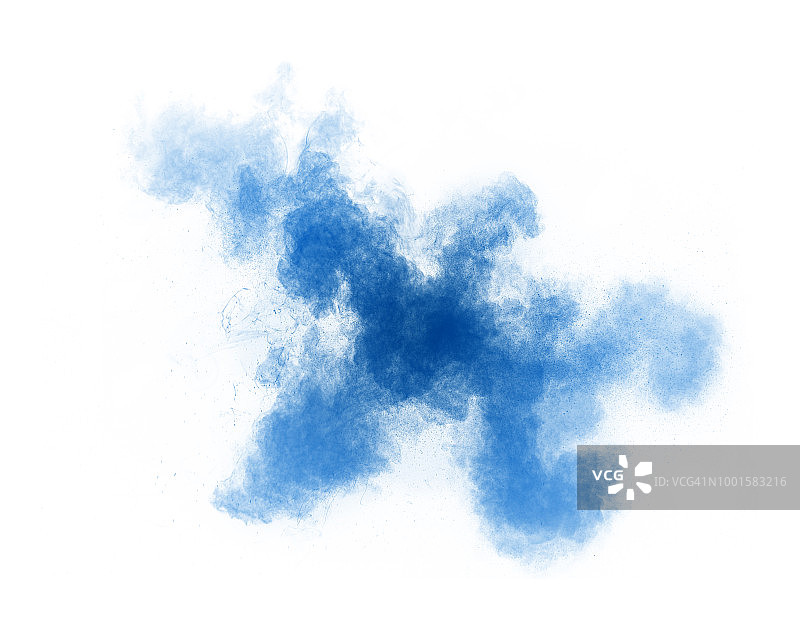 全框架的形式和纹理的粉末状和烟雾的爆炸颜色浅蓝色和深蓝色在白色的背景。图片素材