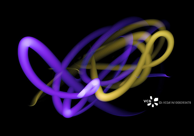 特写抽象图案交织的彩色光束的颜色紫色和黄色在黑色的背景。图片素材
