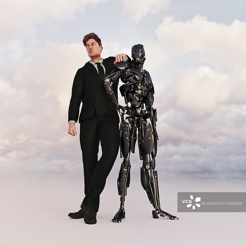 商人和机器人站在一起，手臂靠在机器人的肩膀上图片素材
