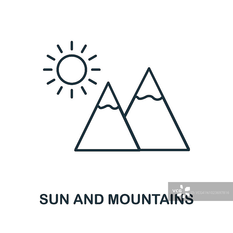太阳和山脉的轮廓图标。简单元素说明。太阳和山脉的图标标识设计从旅游收藏。完美的网页设计，应用程序，软件，打印。图片素材