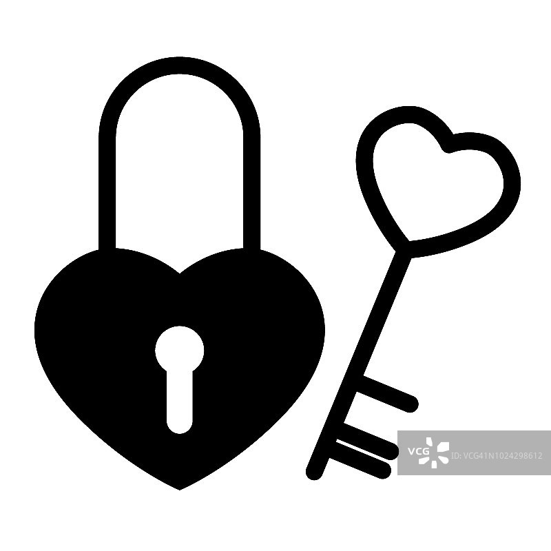 心形锁上有一个细长的实心图标。城堡矢量插图孤立在白色。锁和键字形风格的设计，设计为web和应用程序。Eps 10。图片素材