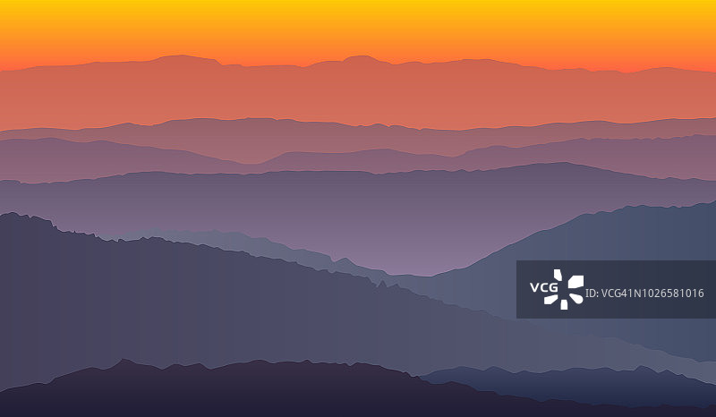 景观与紫色的橙色剪影的山图片素材