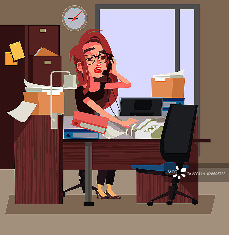 压力大，疲惫不堪的上班族，努力工作的女商人。工作日矢量卡通插图图片素材