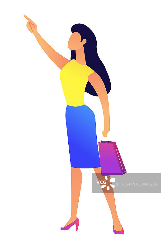 年轻的商业妇女与购物袋指向与手指矢量插图图片素材