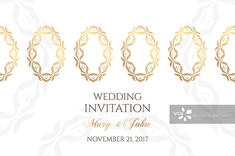 婚礼邀请函模板。封面设计与装饰品和白色背景。矢量装饰水平横幅与复制空间。图片素材
