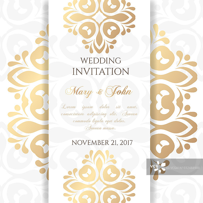 婚礼邀请函模板。封面设计与装饰品和白色背景。带有拷贝空间的矢量装饰卡片。图片素材