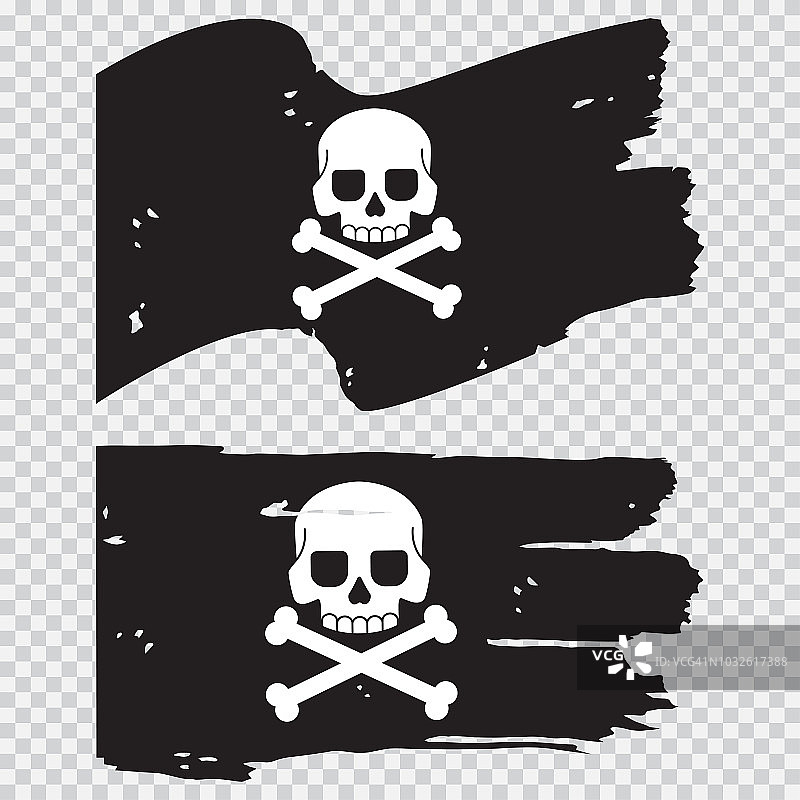 海盗的黑旗上有骷髅和交叉的骨头。矢量平面插图孤立在一个透明的背景。图片素材