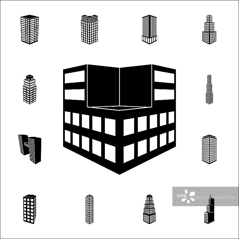 插图的3d摩天大楼图标。3d建筑图标通用设置为网络和移动图片素材