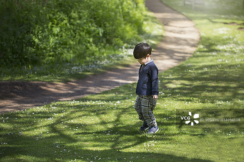 一个小男孩在欧洲度假时在花园里散步。图片素材