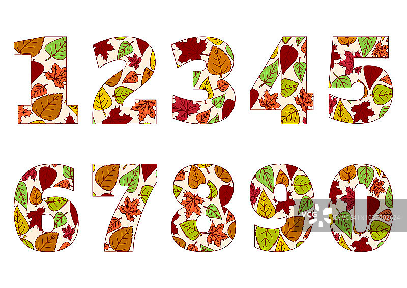 孤立的数字从0到9与色彩缤纷的秋叶背景。矢量图图片素材