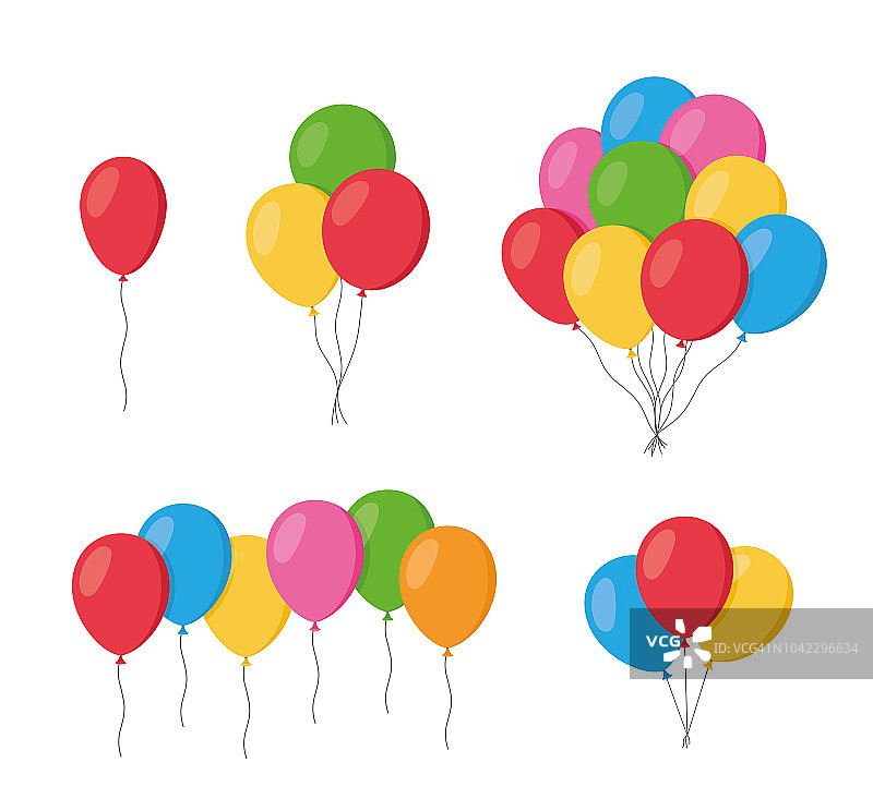 气球在卡通平面风格孤立设置在白色背景。一堆气球，矢量。图片素材