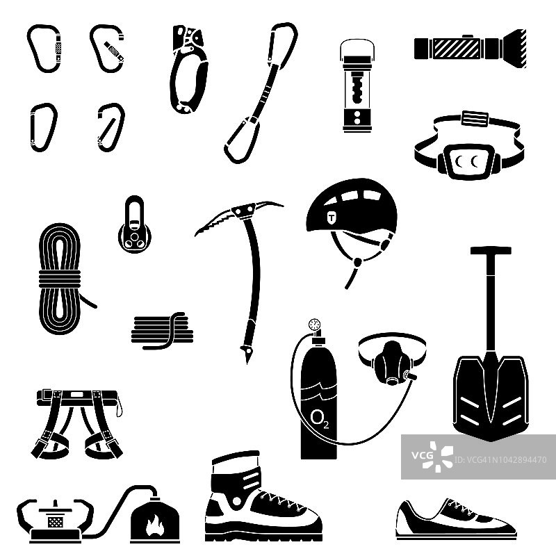 登山器材、登山器材、登山探险器材、极限运动器材、户外娱乐器材。的图标集。图片素材