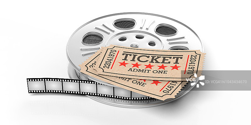 上面有复古电影票的电影卷轴，孤立在白色背景上，3d插图。图片素材