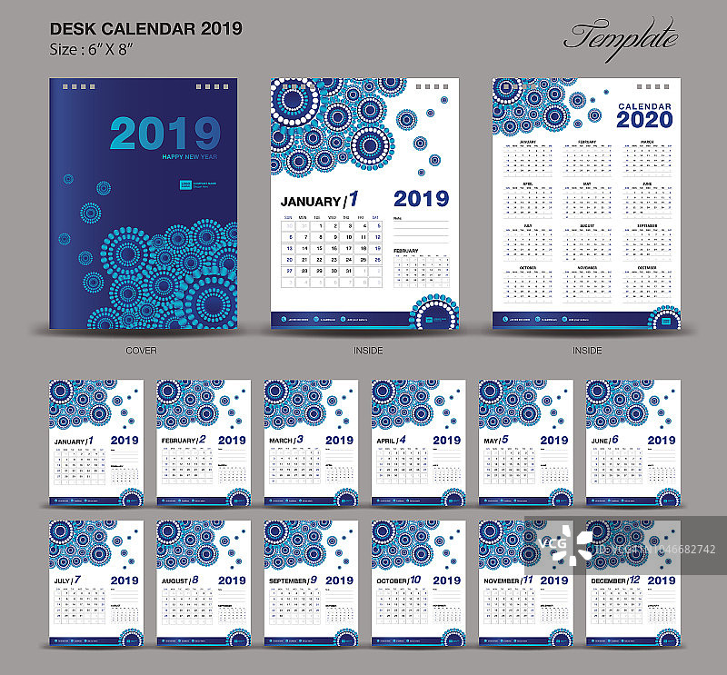 桌面日历2019年尺寸6 × 8英寸模板，蓝色日历2019模板，一套12个月，星期开始星期一，墙日历，传单设计，封面模板向量，广告创意图片素材