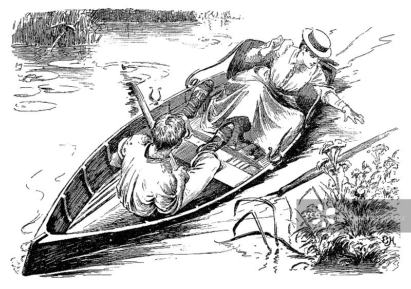 英国伦敦讽刺漫画漫画漫画插图:一对夫妇在船上图片素材