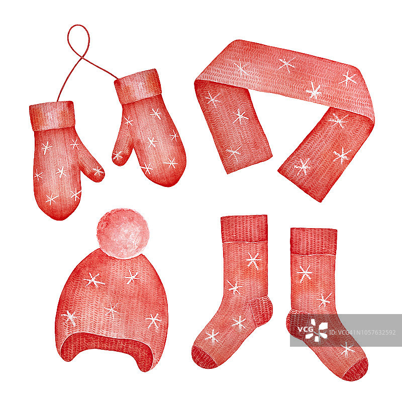 亮红色的帽子，围巾，手套和袜子。保暖衣物可以保护头、耳、颈、手和脚。图片素材