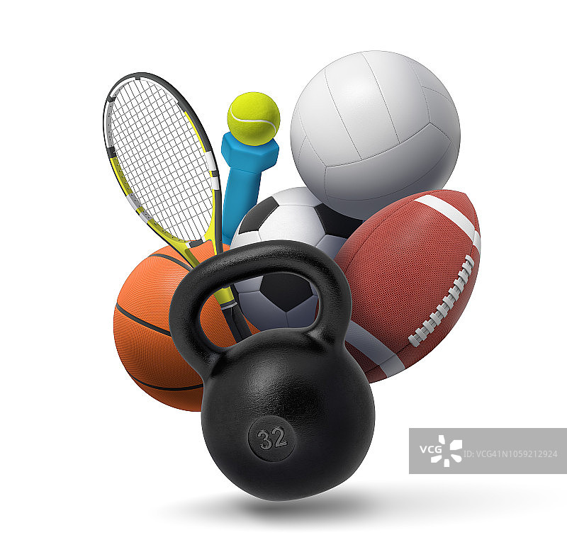 运动和健身设备的收集的3d渲染:一个哑铃，一个壶铃，网球设备，和几个团队运动球。图片素材