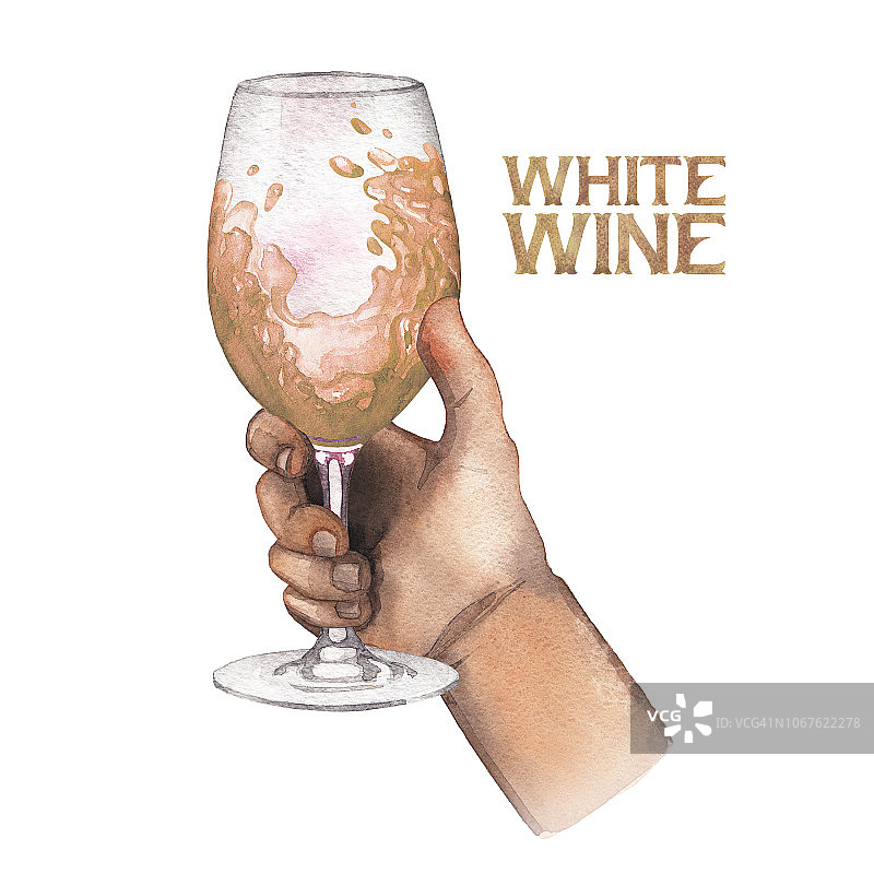 水彩手握白葡萄酒孤立在白色的背景图片素材