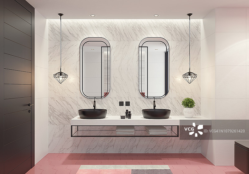 浅粉色蜂窝瓷砖的现代浴室图片素材
