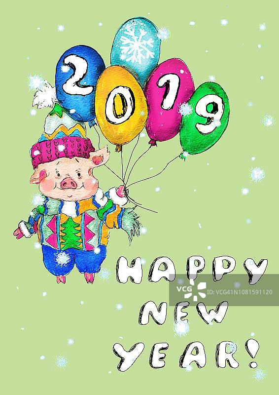 中国2019年新年象征猪卡通赤壁贺卡图片素材