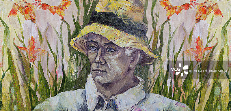 一幅时髦的油画肖像，一个戴着帽子的男人，背景是盛开的橙色百合花图片素材
