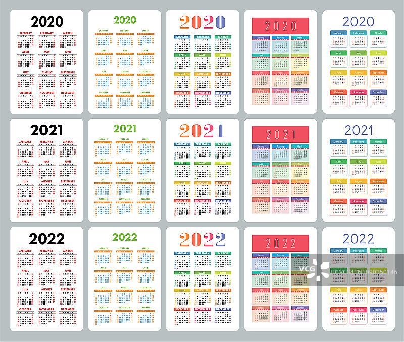 日历2020年，2021年，2022年。色彩斑斓的向量集。一周从周日开始。垂直压延机设计模板图片素材