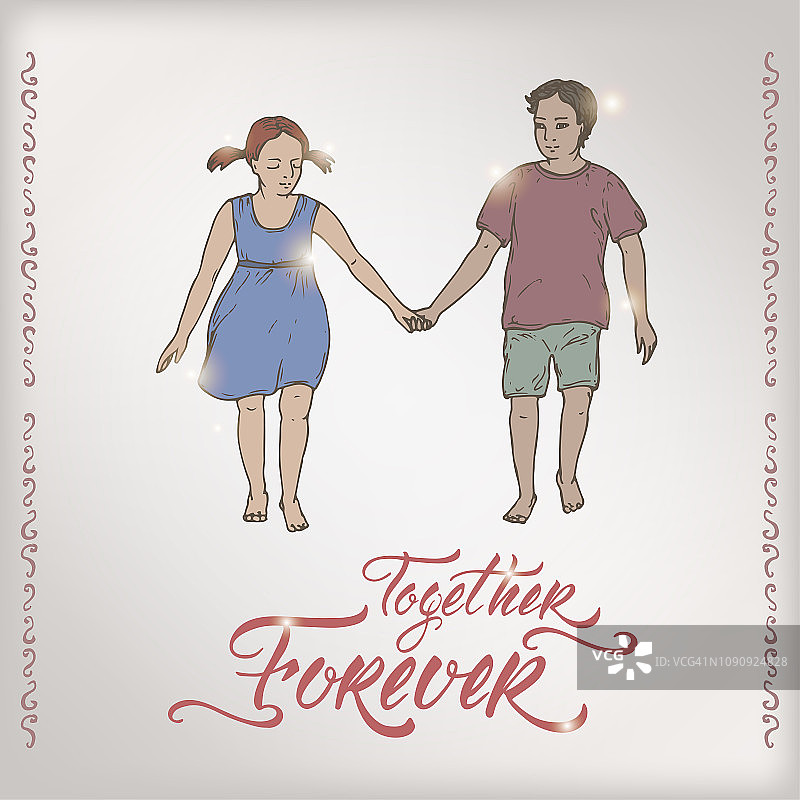 情人节浪漫的彩色卡片与男孩和女孩手牵手，刷子上写着“白头偕老”。图片素材
