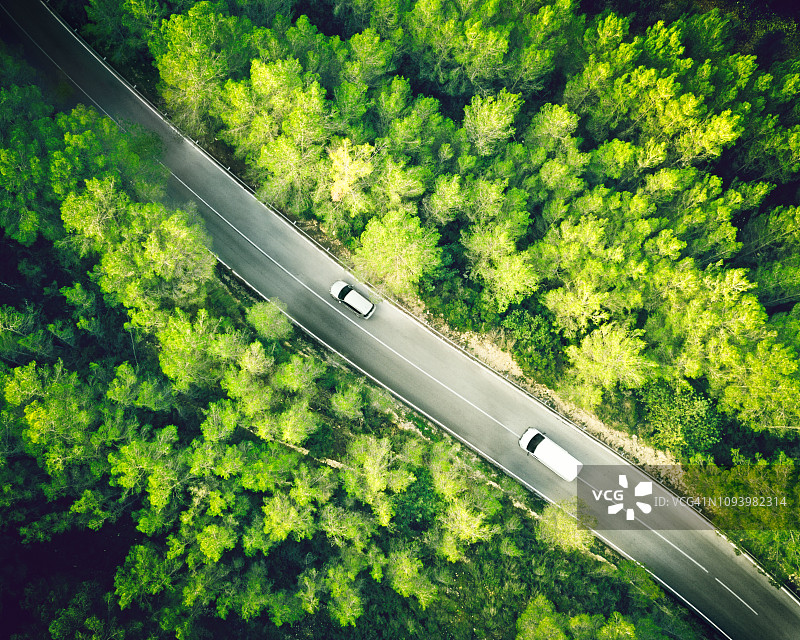 鸟瞰图的两车道笔直的道路在森林与一辆白色汽车和货车图片素材