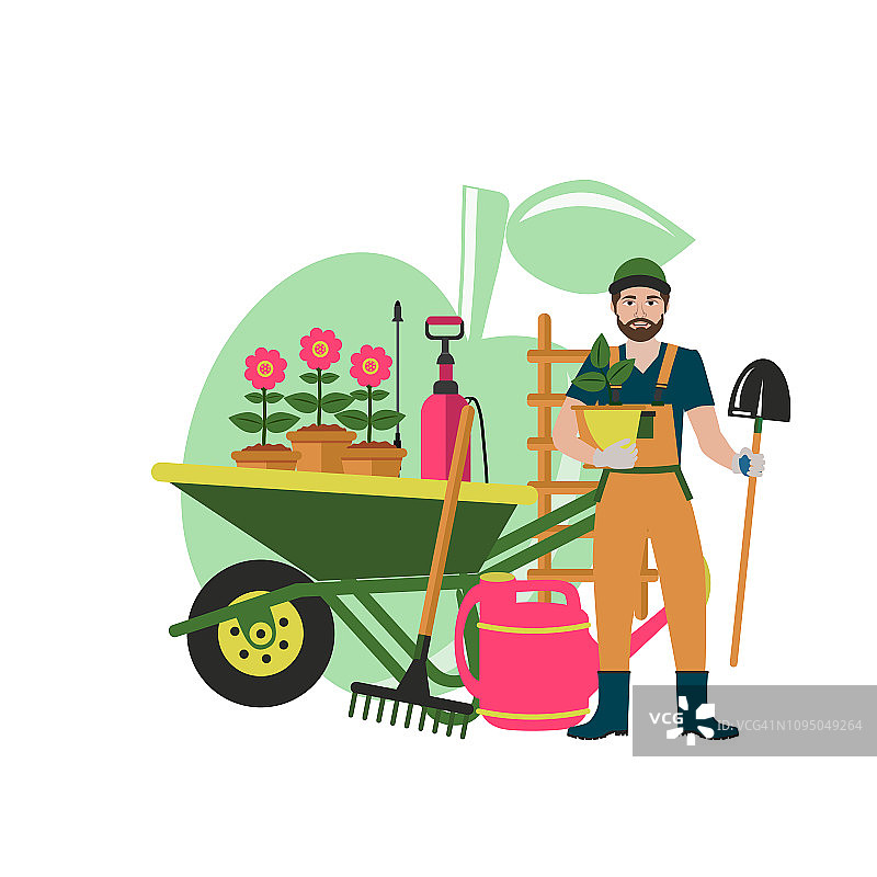 向量横幅园丁与可爱的园丁铲子，浇水罐和手推车准备在花园里工作。园艺，种植花草植物图片素材
