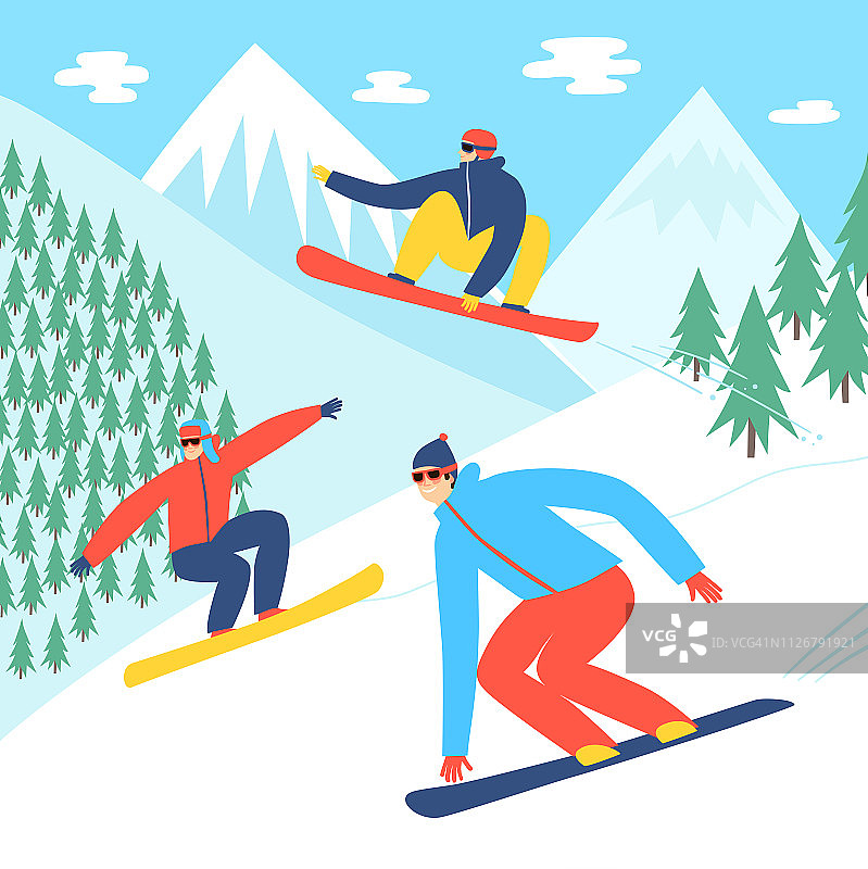 卡通酷滑雪板在山上。图片素材