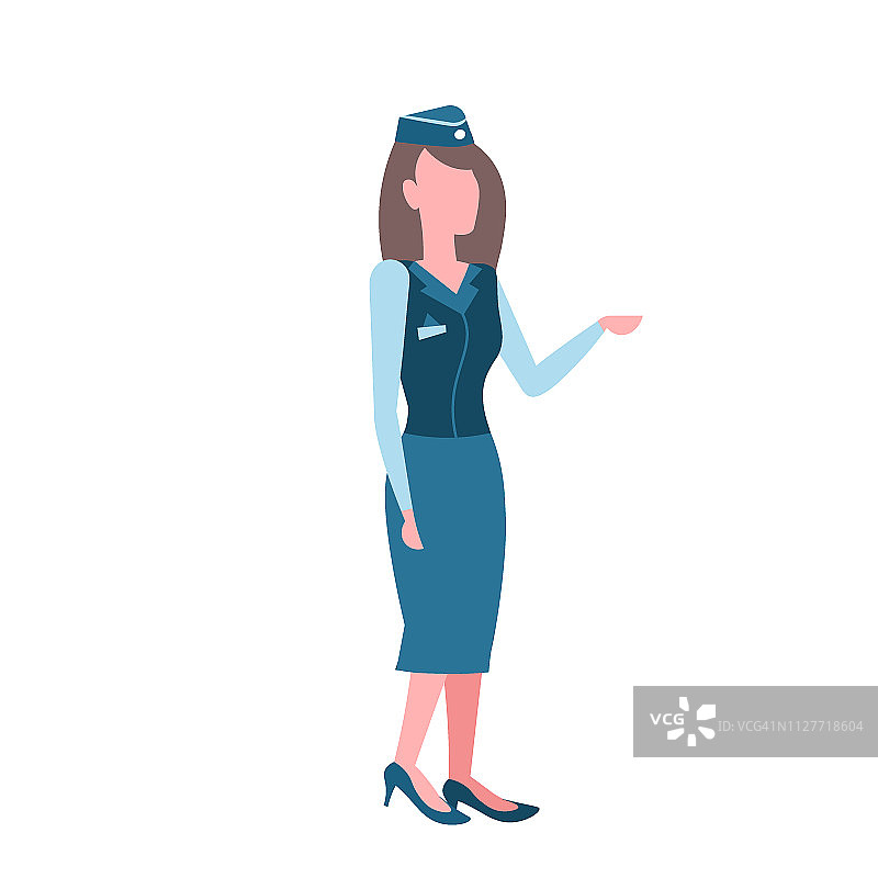 空姐女性穿着制服和帽子机场机组人员职业职业概念女性卡通人物全长扁平孤立图片素材