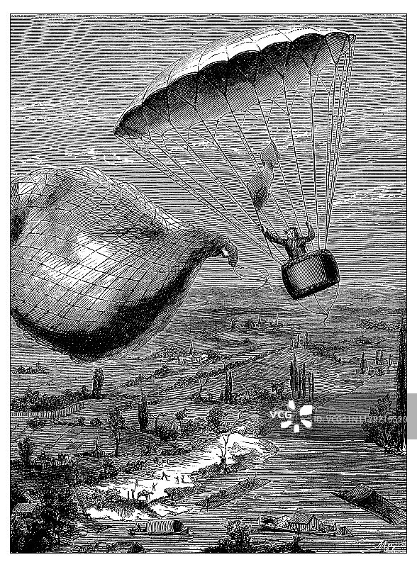 科学发现的古董插图，浮空器:雅克·加纳林降落伞图片素材