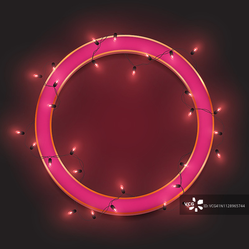 粉色复古霓虹圈框，led发光花环，矢量插图图片素材