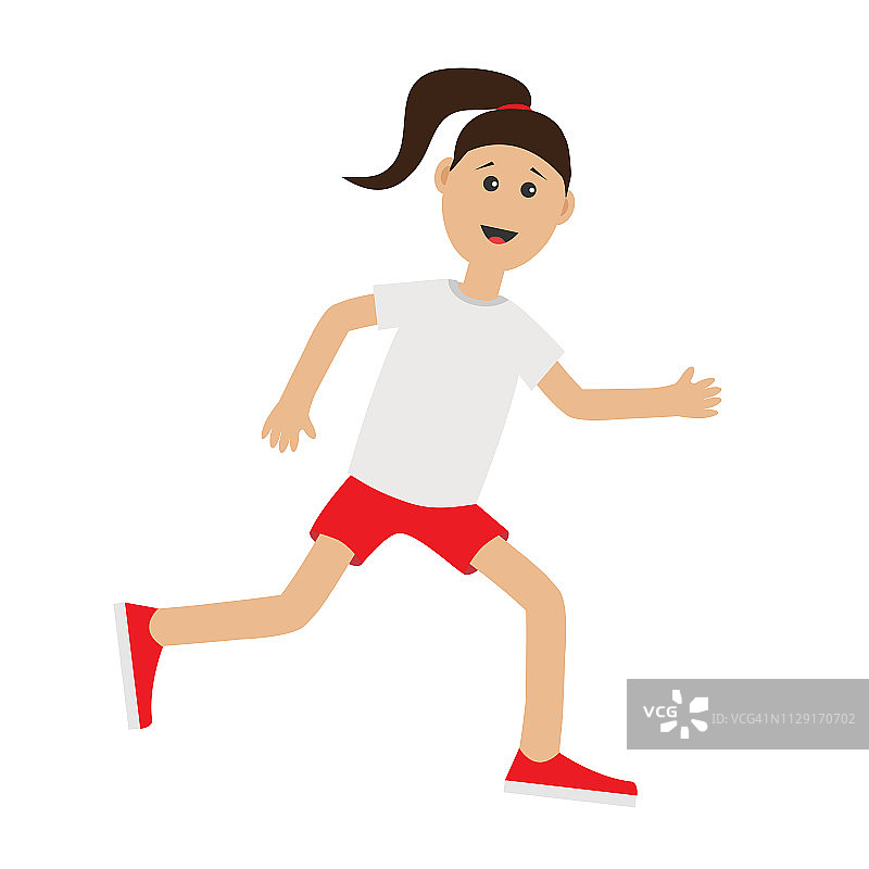 有趣的卡通跑步女孩可爱的跑步女人慢跑女士跑步健身健身跑步女性角色孤立的白色背景。平面设计图片素材