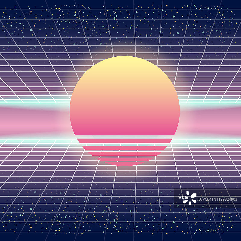 合成波复古未来主义景观与太阳和风格的激光网格。霓虹复古设计和元素80年代90年代的科幻空间。矢量插图模板孤立的背景图片素材