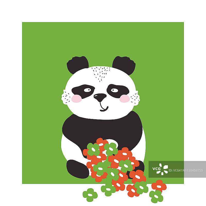 可爱的熊猫手绘儿童矢量插图。婴儿图形的儿童t恤印花。中国黑白带花熊海报。微笑有趣的颜色动物肖像在绿色的背景。图片素材