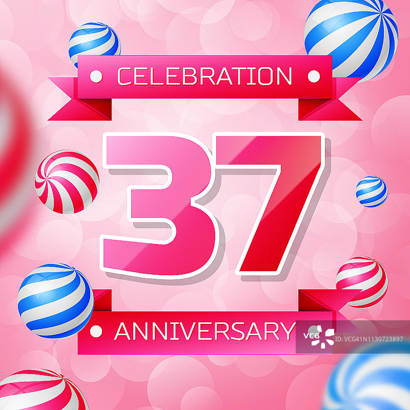 现实的三十七37周年庆典设计横幅。粉红色的数字和粉红色的丝带，粉红色背景上的气球。多彩的矢量模板元素为您的生日聚会图片素材