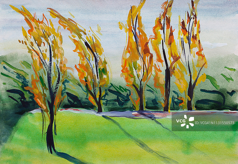时尚的插图现代艺术作品我的原画与水彩在纸水平的风景印象派树木和绿色的草坪太阳和风在杨树图片素材