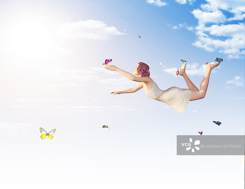 女人和蝴蝶在空中飞舞图片素材