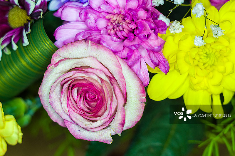 美丽的礼品花束，各种色彩鲜艳的装饰夏日鲜花图片素材