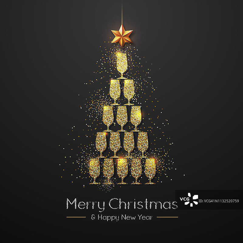 有金色香槟杯的圣诞海报。红色背景上的金色圣诞树图片素材