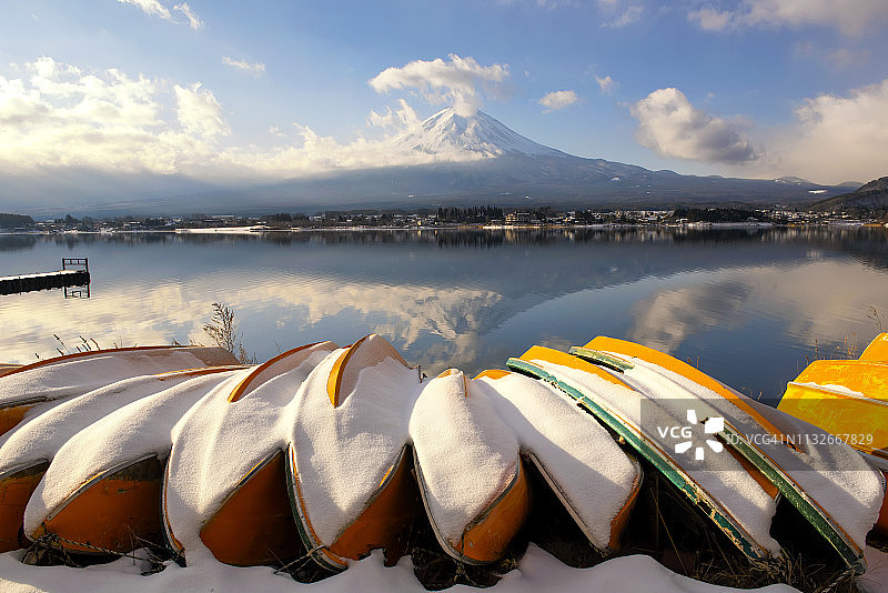 冬天，日本川口湖上的富士山倒影和黄色小船图片素材