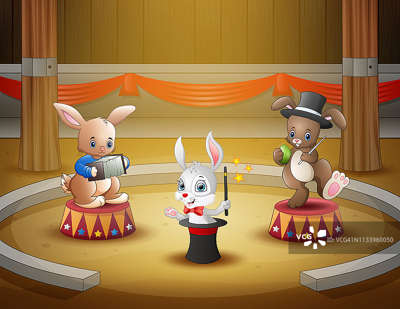 卡通兔子在马戏团的舞台上表演图片素材