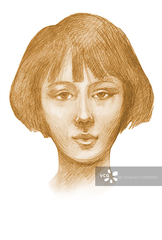 时尚的女性插图现代艺术印象派我最初的棕褐色铅笔在纸上画一个女孩的垂直肖像与复古的Kare发型图片素材