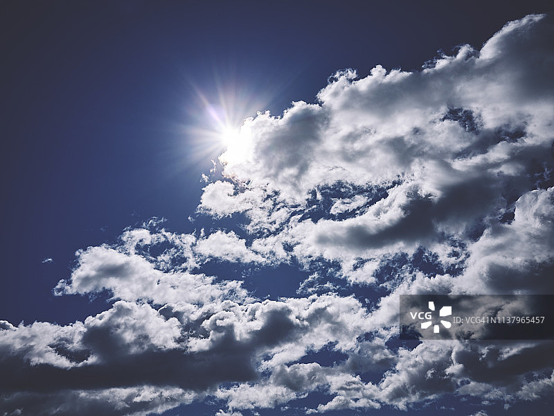 多云的蓝天，阳光的阳光，背光，全框图片素材