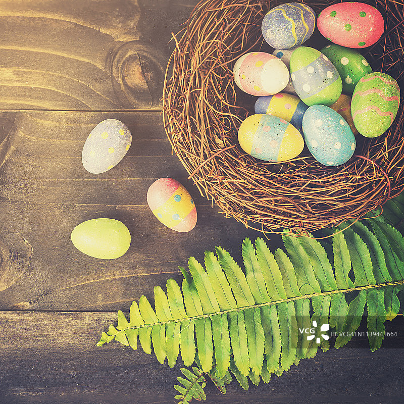 五彩缤纷的复活节彩蛋在整洁的绿色树叶上与餐桌的木质背景相配合。图片素材
